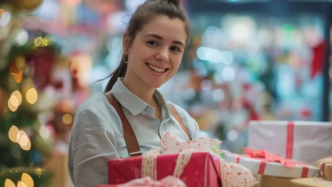 Mulher vendedora embrulhando as vendas de Natal.