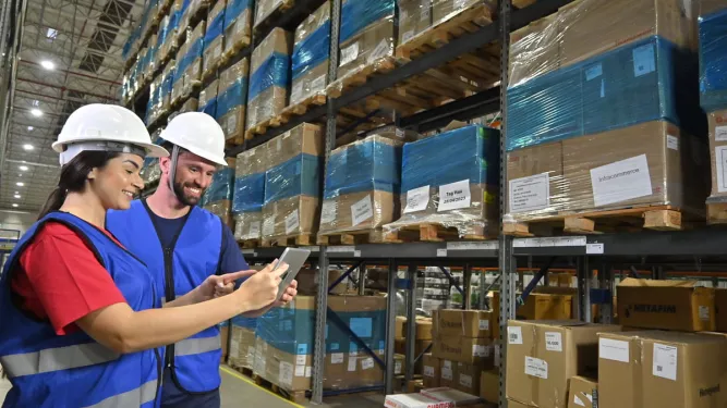Duas pessoas com equipamentos de segurança realizando a gestão logística.