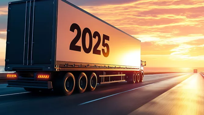 Tendências da logística: na imagem, vemos um caminhão em uma estrada com "2025" escrito na lateral.
