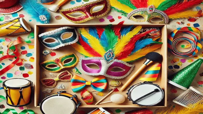 Máscaras e instrumentos de carnaval espalhados pela imagem, representando as vendas de carnaval.