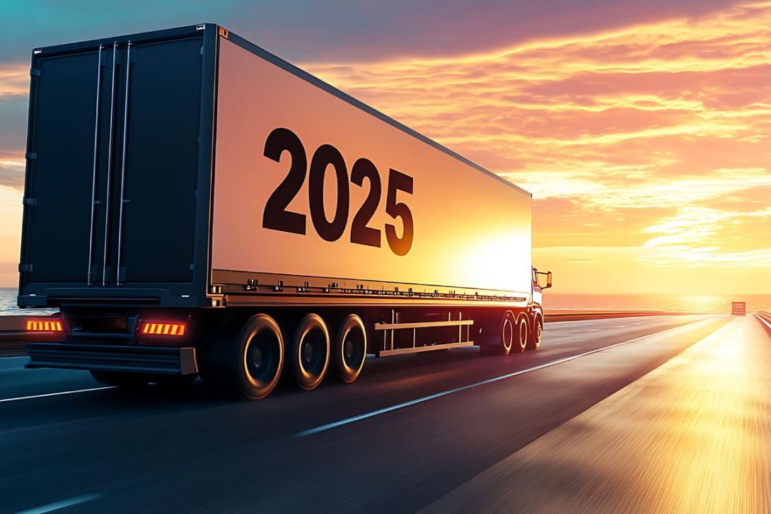 Tendências da logística: na imagem, vemos um caminhão em uma estrada com "2025" escrito na lateral.