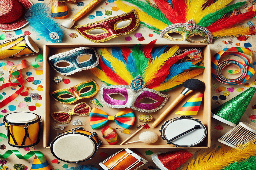 Máscaras e instrumentos de carnaval espalhados pela imagem, representando as vendas de carnaval.